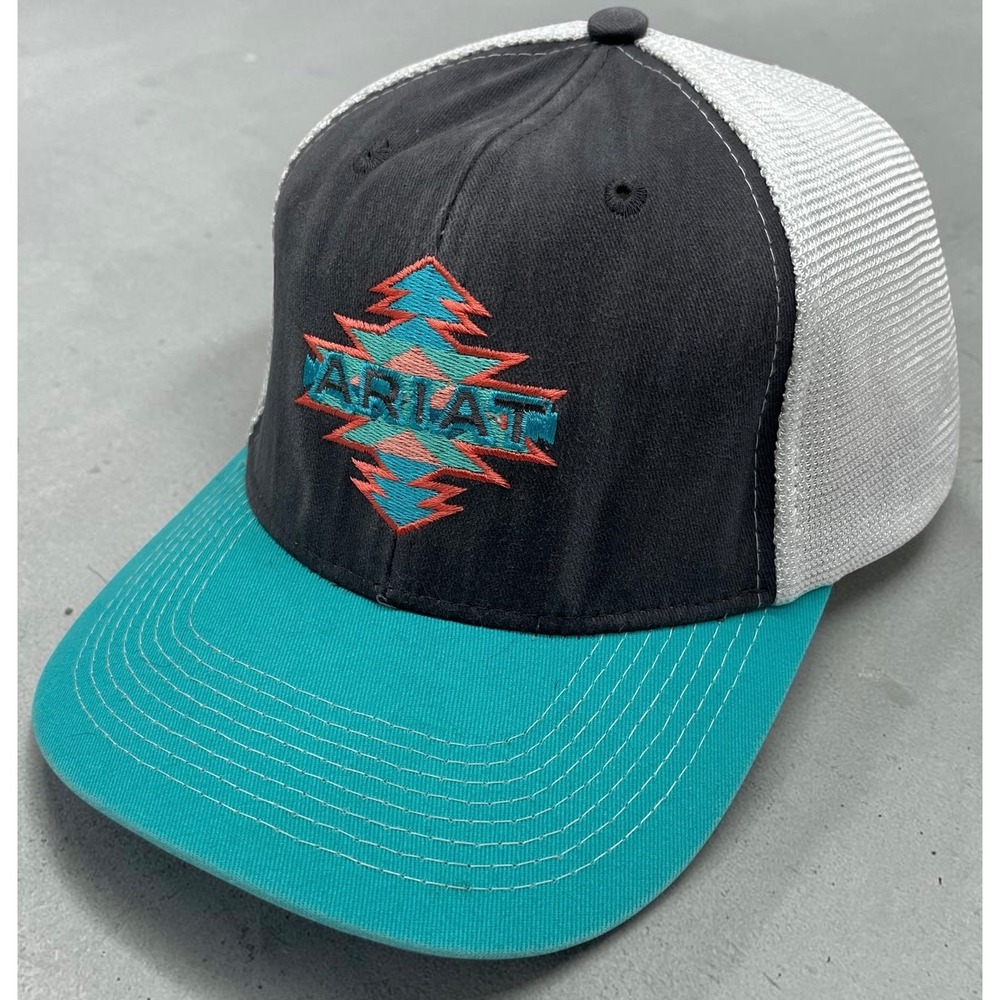 Ariat Mens Trucker Hat Grey Teal Southwestern Logo Mesh Snapback Cap